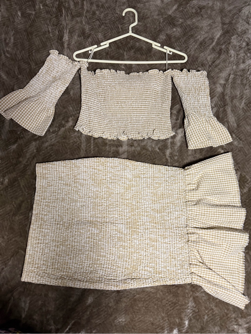 Fashion Nova Beige Gingham Smocked Off-Shoulder Skirt Set